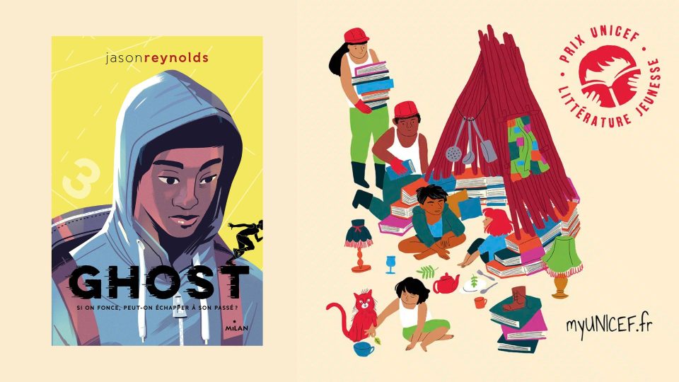 Visuel du Prix Unicef et couverture de "Ghost", roman de Jason Reynolds primé dans la catégorie 13-15 ans